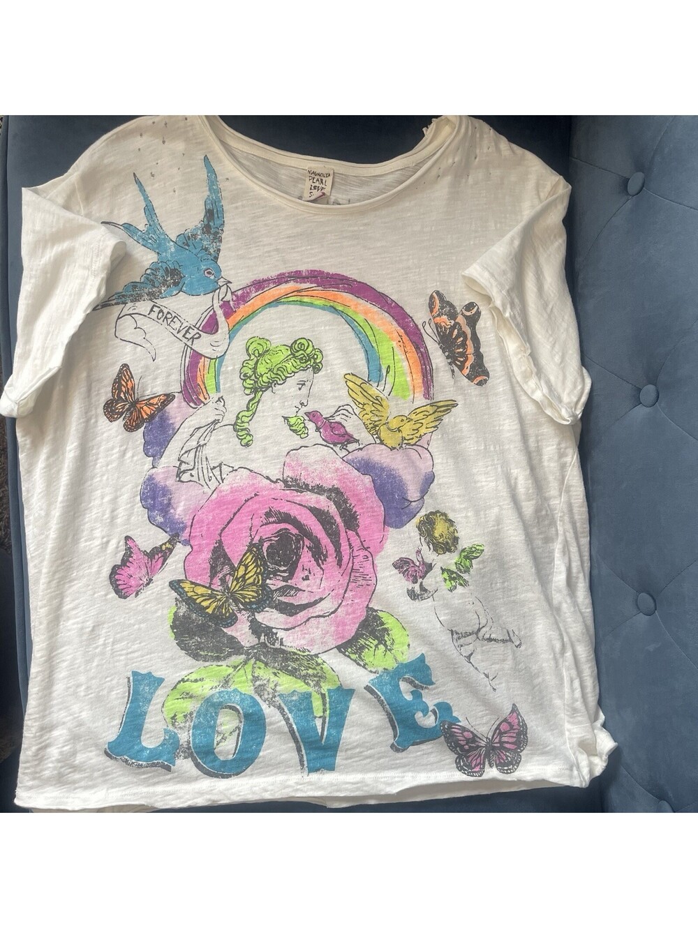 Magnolia Pearl Love Poets Tee One Size White Rainbow Graphic Distressed T-Shirt